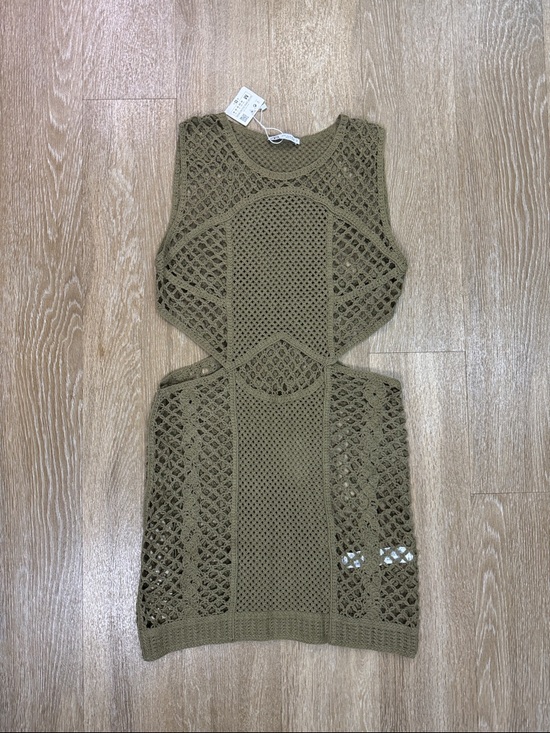 Zara Khaki Olive Green Knit Crochet Cut Out Swim Cover Mini Dress Size Medium - Picture 8 of 13